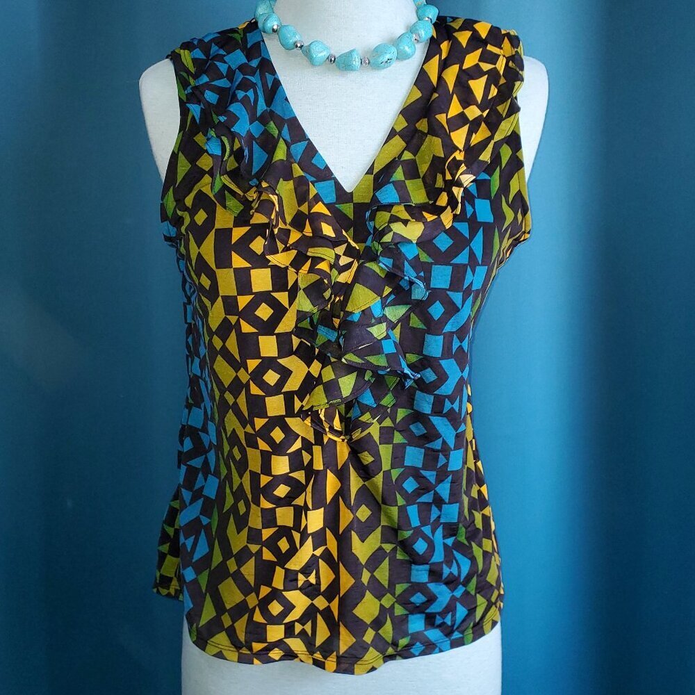 Worthington Flounce Blouse Green/Black/Teal/Yellow -M